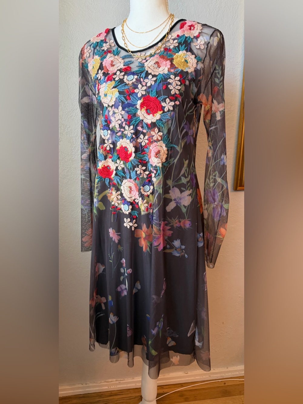 NWOT Johnny Was  Floral Embroidered Long Sleeve Black Mesh Dress Small